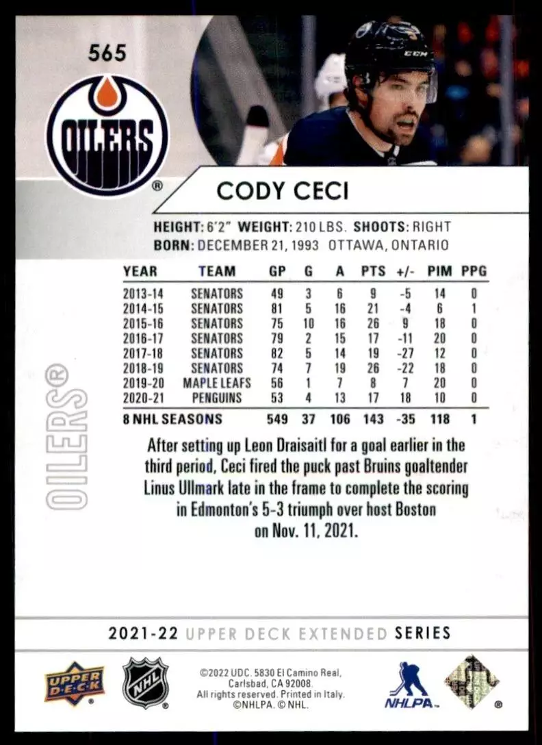 2021-22 Upper Deck #565 Cody Ceci 1