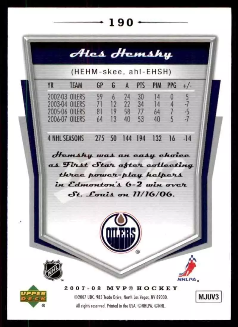 2007-08 Upper Deck MVP #190 Ales Hemsky 1