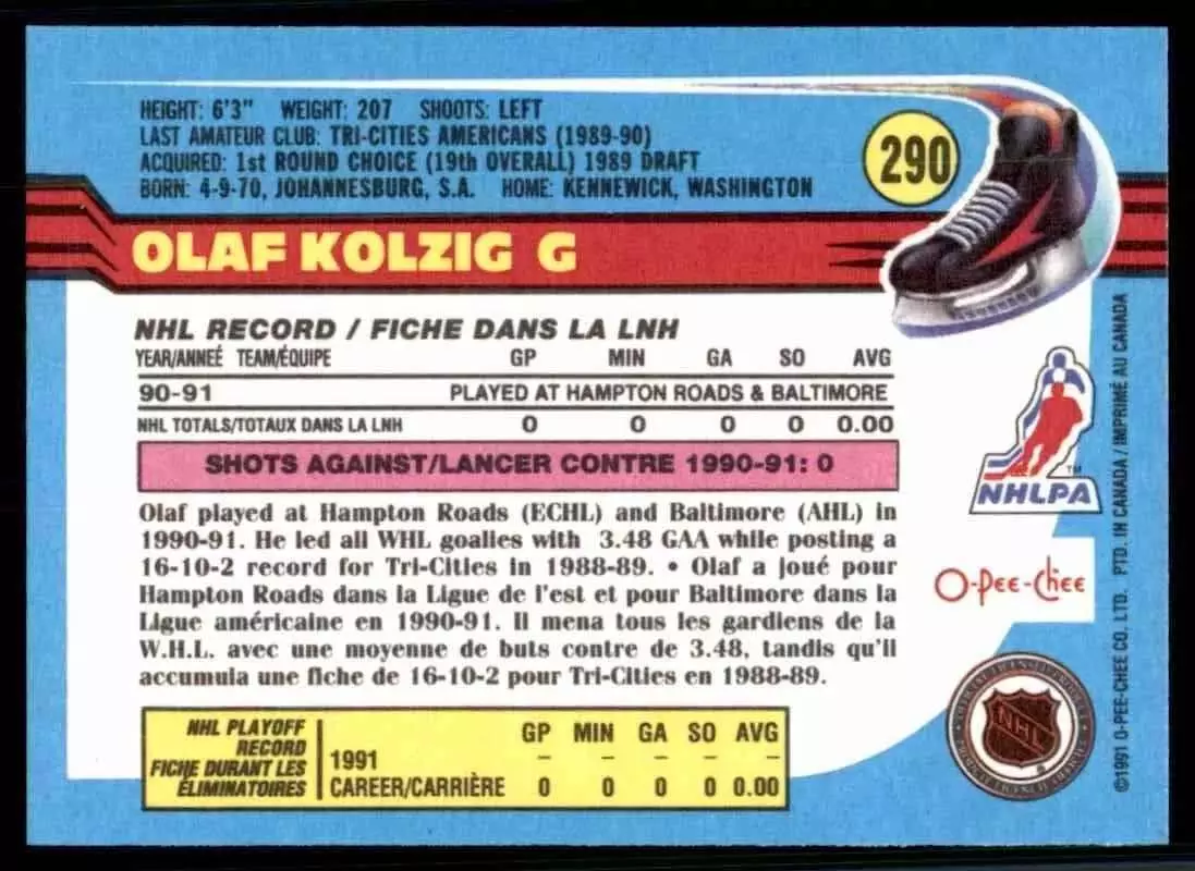 1991-92 O-Pee-Chee #290 Olaf Kolzig 1