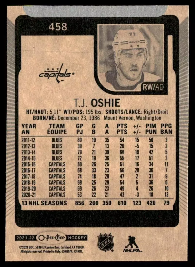 2021-22 O-Pee-Chee #458 T.J. Oshie 1
