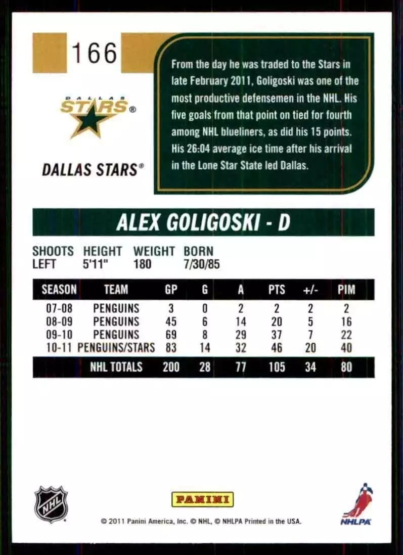 2011-12 Score #166 Alex Goligoski 1