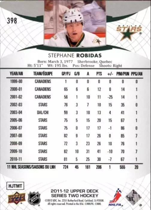 2011-12 Upper Deck #398 Stephane Robidas 1