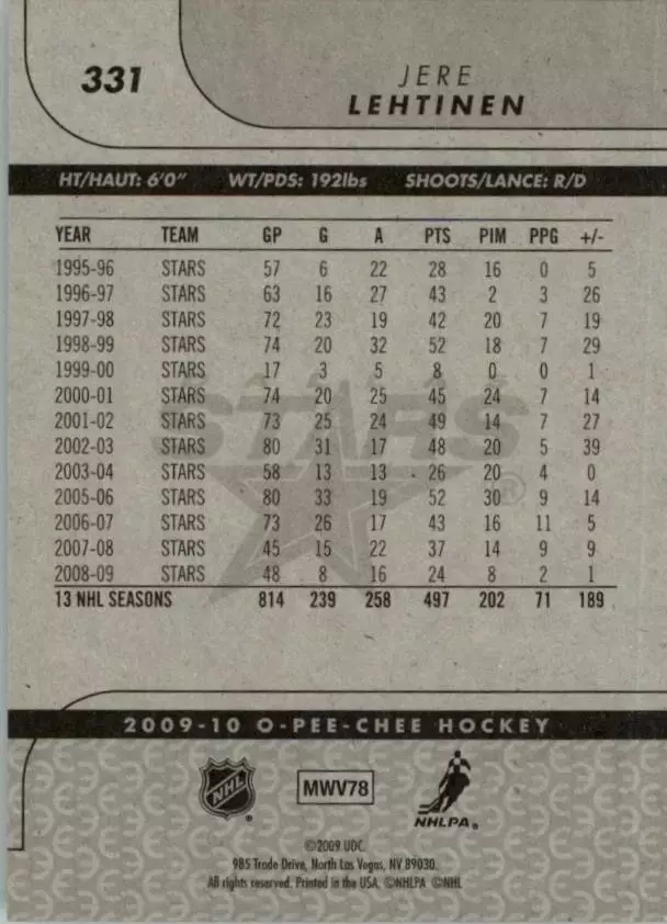 2009-10 O-Pee-Chee #331 Jere Lehtinen 1