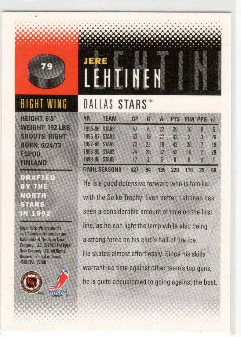 2000-01 Upper Deck Victory #79 Jere Lehtinen 1