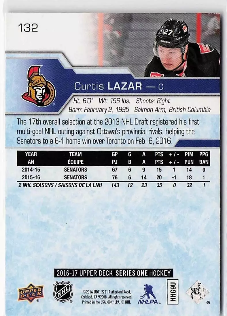 2016-17 Upper Deck #132 Curtis Lazar 1
