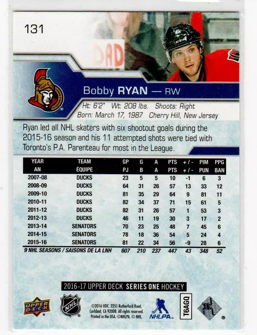 2016-17 Upper Deck #131 Bobby Ryan 1