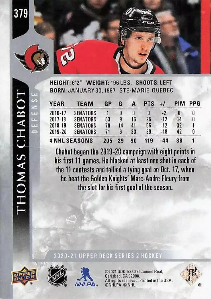 2020-21 Upper Deck #379 Thomas Chabot 1