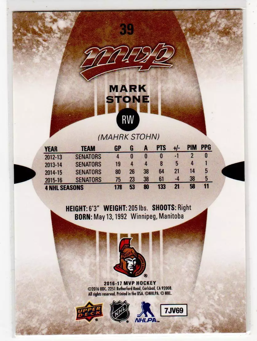 2016-17 Upper Deck MVP #39 Mark Stone 1