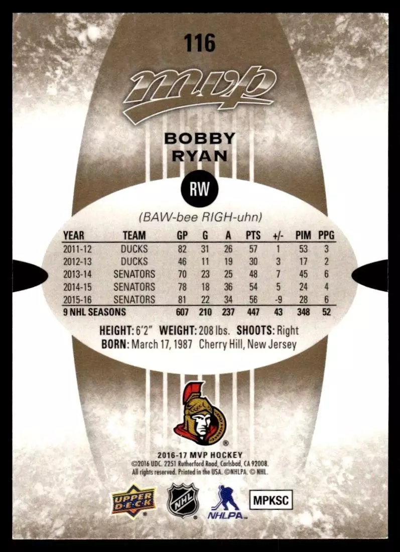 2016-17 Upper Deck MVP #116 Bobby Ryan 1