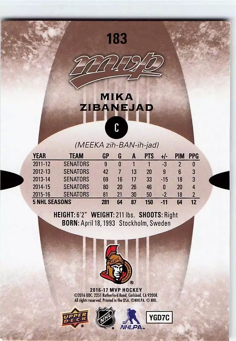 2016-17 Upper Deck MVP #183 Mika Zibanejad 1