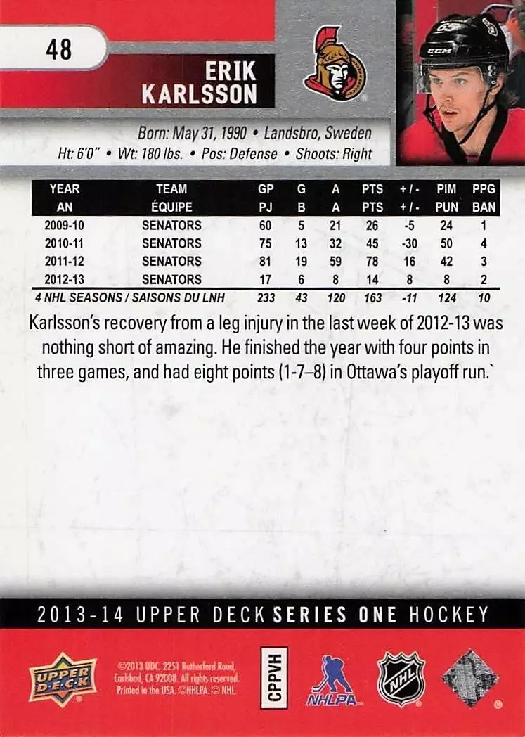 2013-14 Upper Deck #48 Erik Karlsson 1