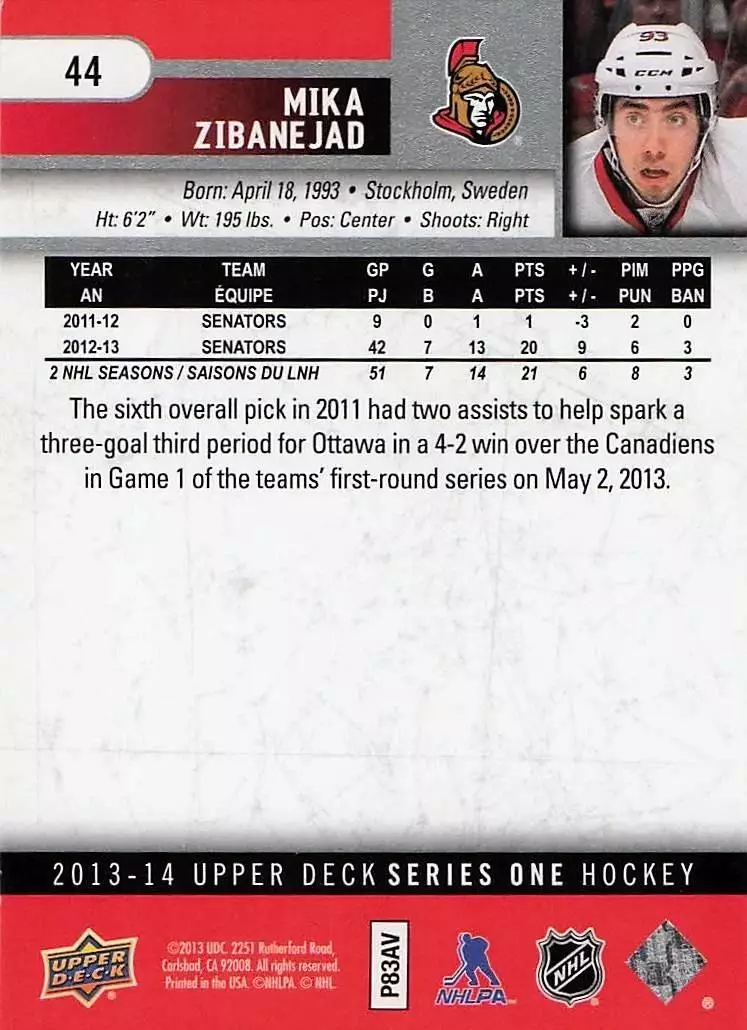 2013-14 Upper Deck #44 Mika Zibanejad 1