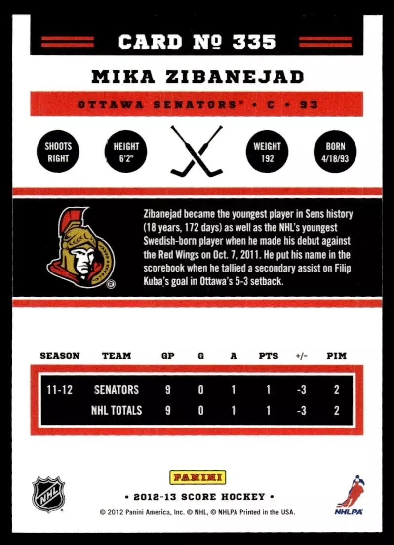2012-13 Score #335 Mika Zibanejad 1