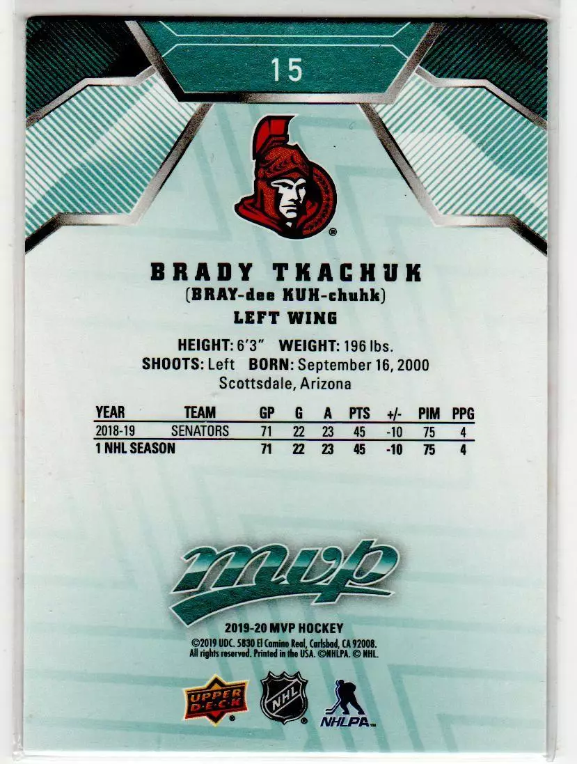 2019-20 Upper Deck MVP #15 Brady Tkachuk 1