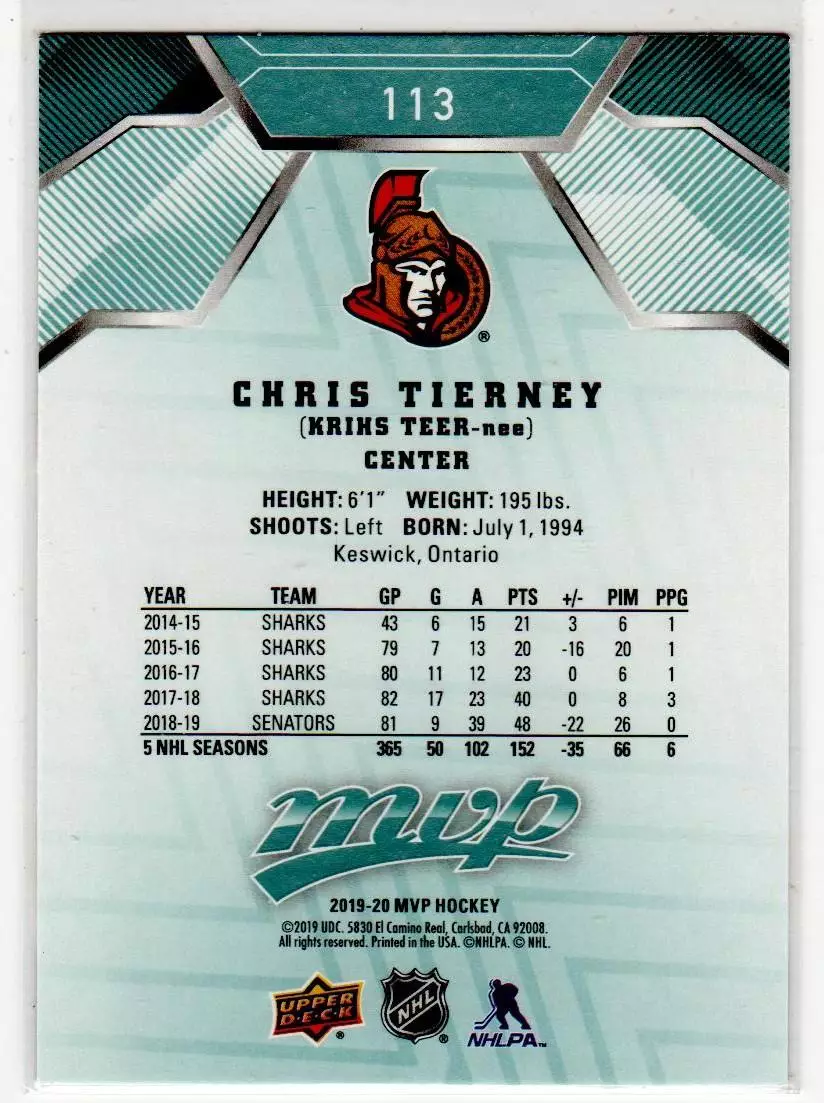 2019-20 Upper Deck MVP #113 Chris Tierney 1