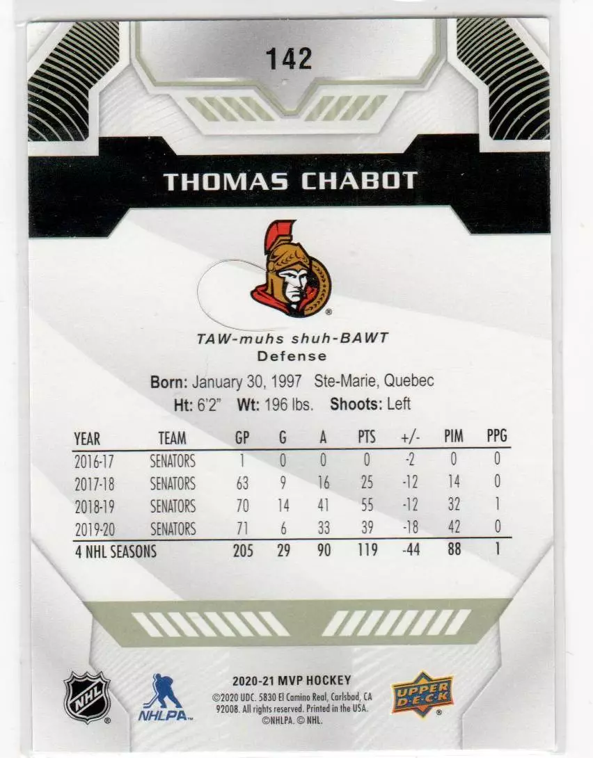 2020-21 Upper Deck MVP #142 Thomas Chabot 1