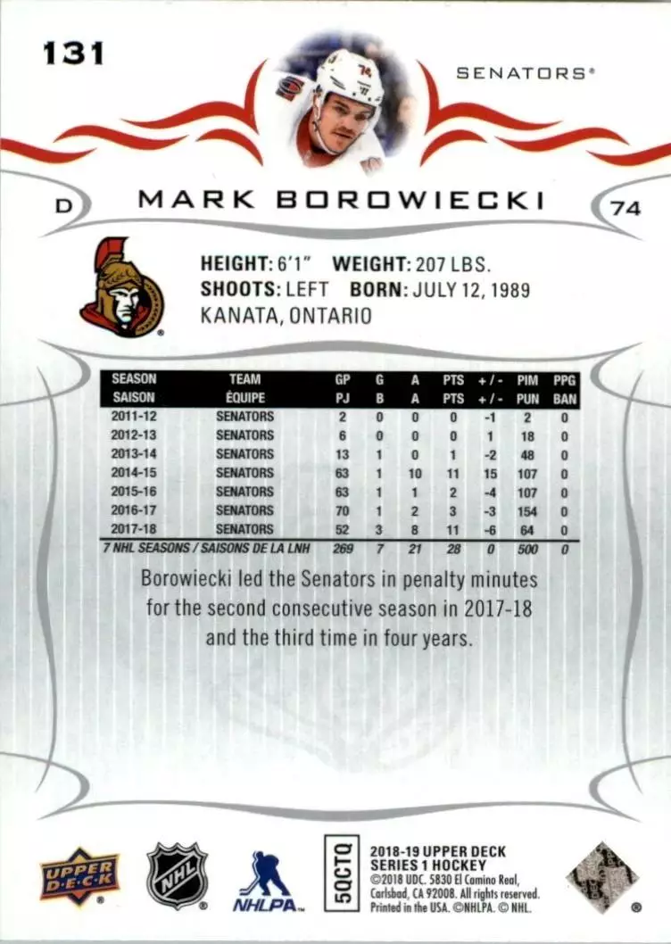 2018-19 Upper Deck #131 Mark Borowiecki 1