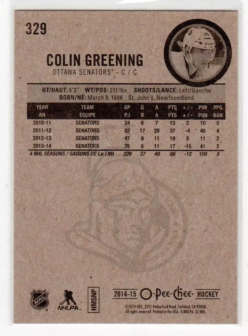 2014-15 O-Pee-Chee #329 Colin Greening 1