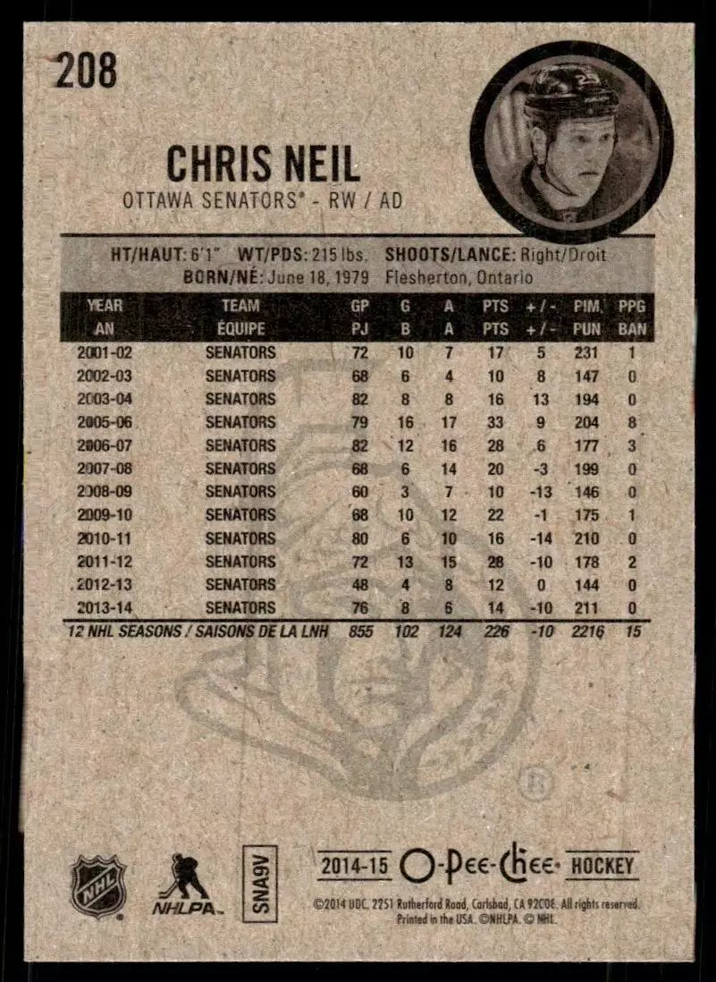 2014-15 O-Pee-Chee #208 Chris Neil 1