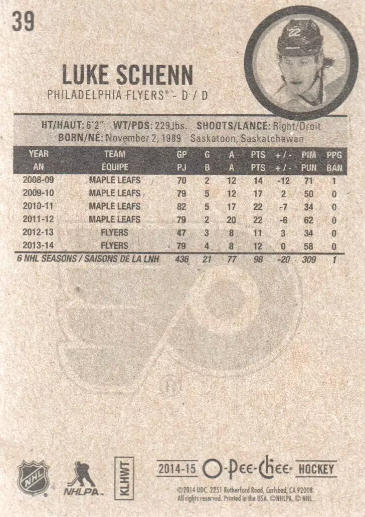 2014-15 O-Pee-Chee #39 Luke Schenn 1