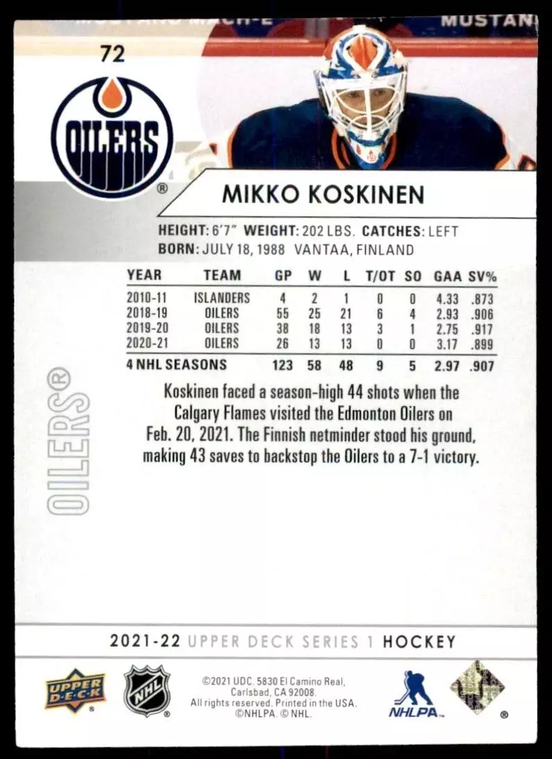 2021-22 Upper Deck #72 Mikko Koskinen 1