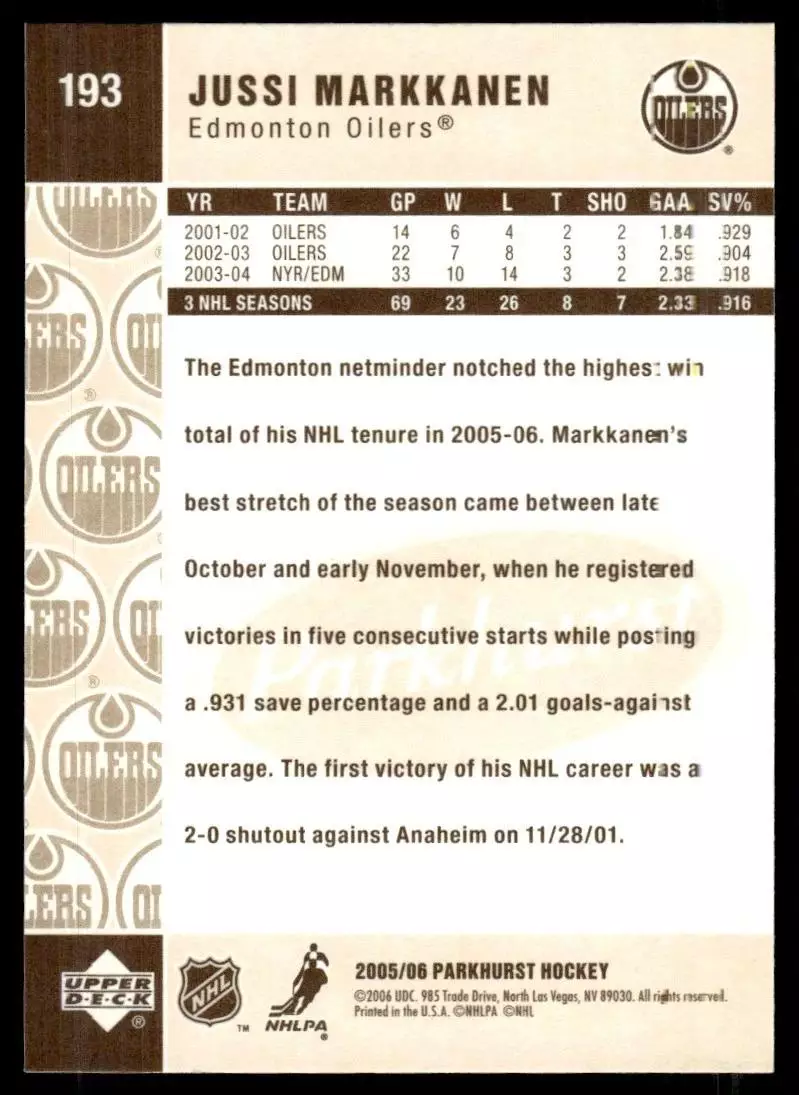 2005-06 Parkhurst #193 Jussi Markkanen 1