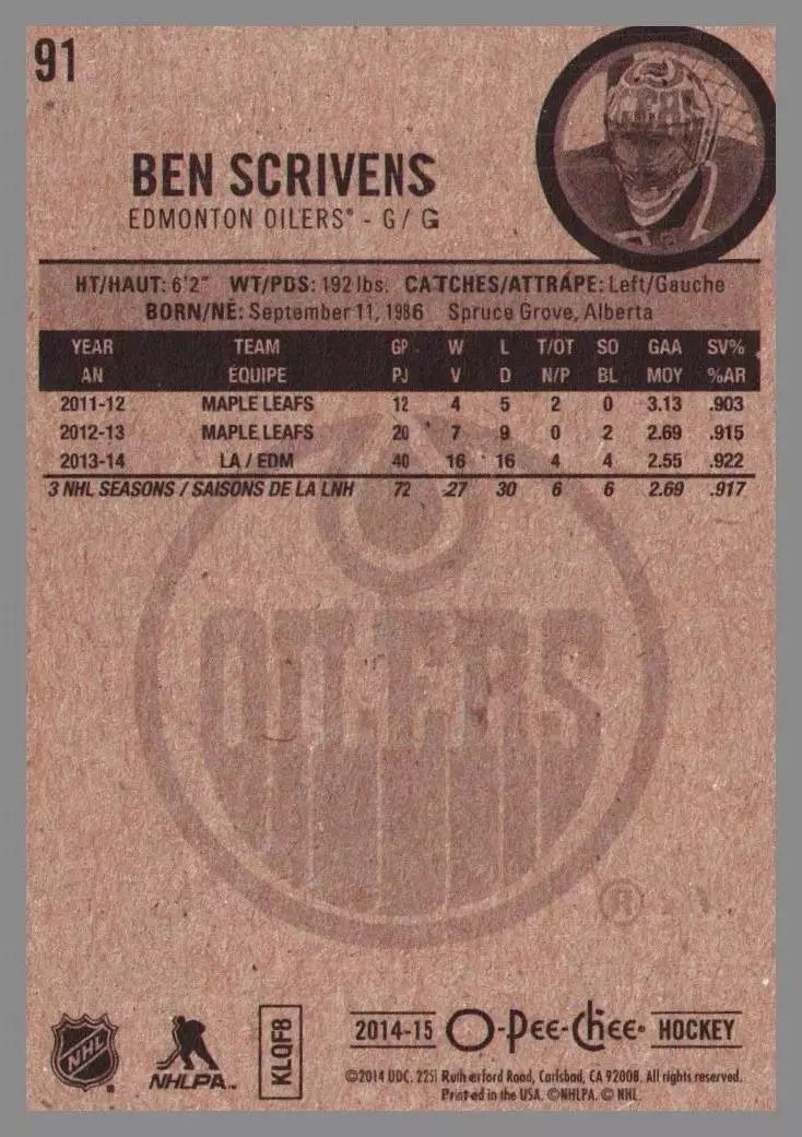 2014-15 O-Pee-Chee #91 Ben Scrivens 1