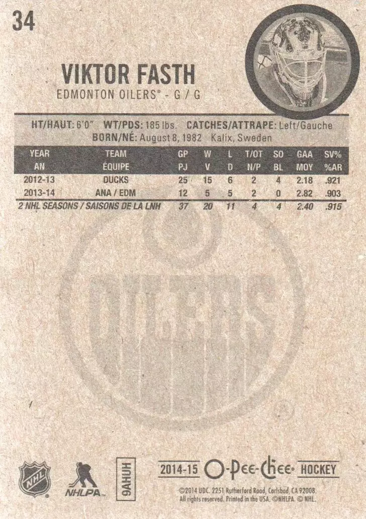 2014-15 O-Pee-Chee #34 Viktor Fasth 1