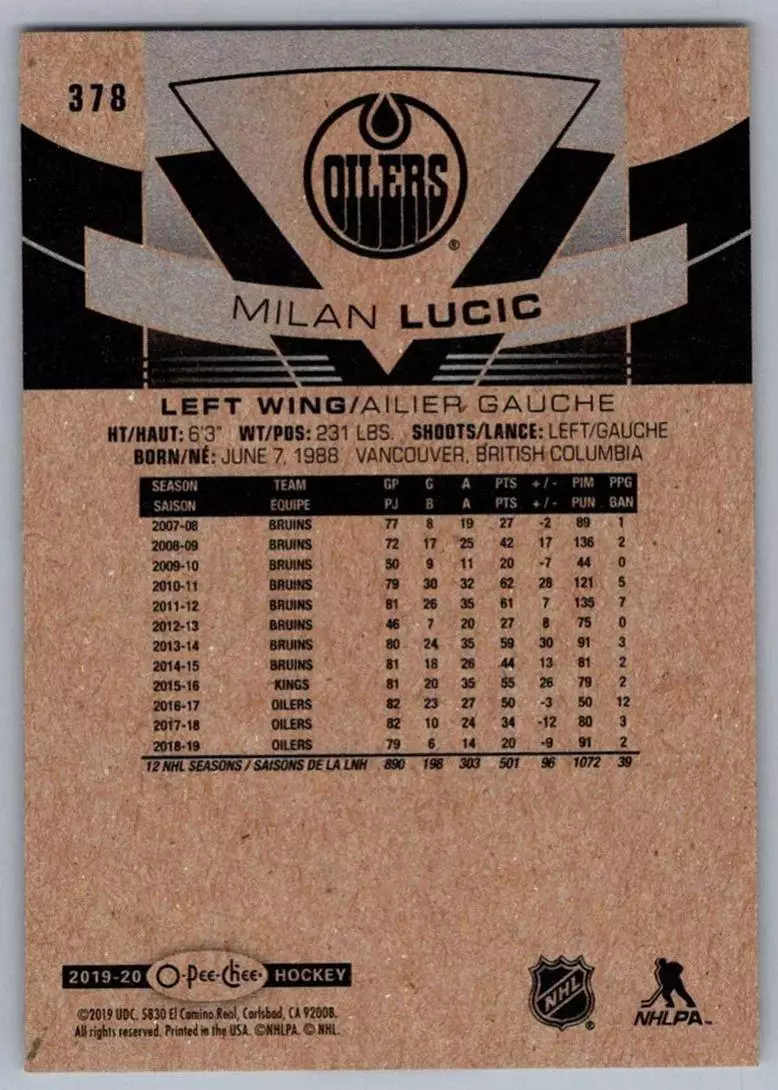 2019-20 O-Pee-Chee #378 Milan Lucic 1