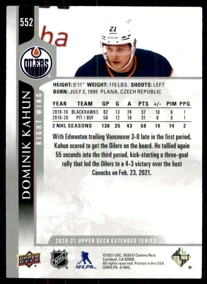 2020-21 Upper Deck #552 Dominik Kahun 1