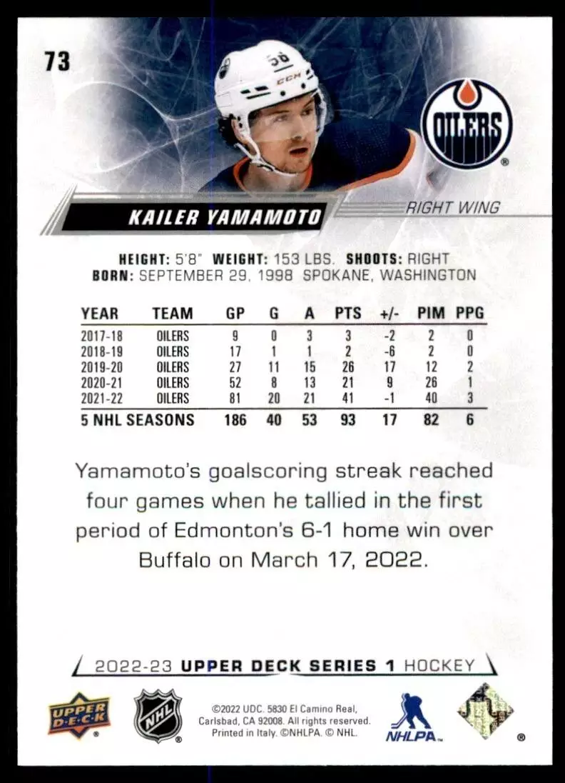 2022-23 Upper Deck #73 Kailer Yamamoto 1