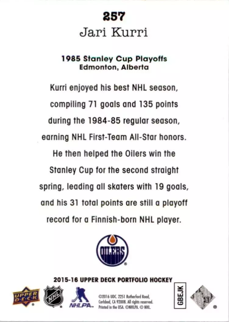 2015-16 Upper Deck Portfolio #257 Jari Kurri 1