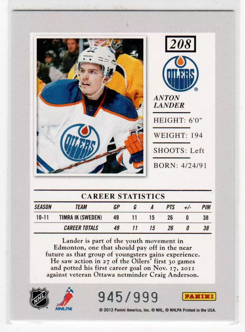 2011-12 Elite #208 Anton Lander RC 945/999 1