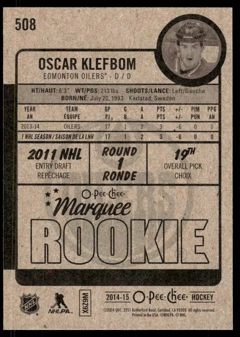 2014-15 O-Pee-Chee #508 Oscar Klefbom RC 1
