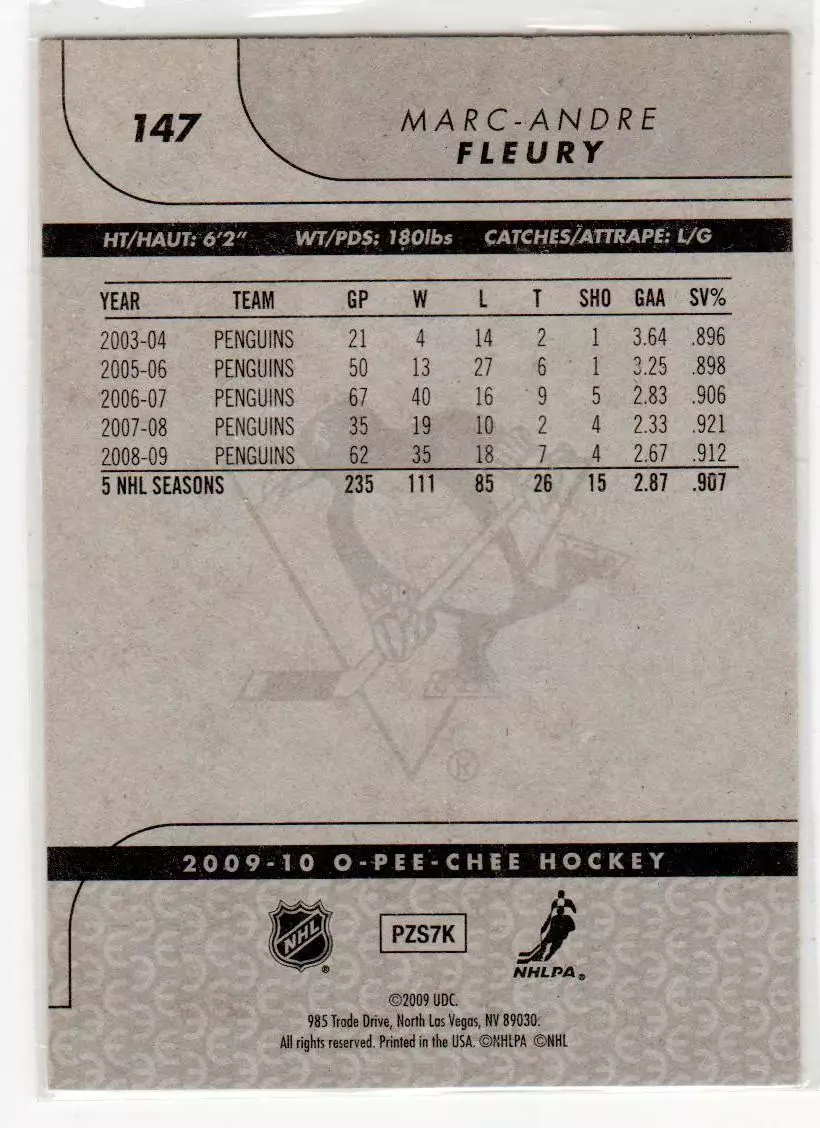 2009-10 O-Pee-Chee #147 Marc-Andre Fleury 1