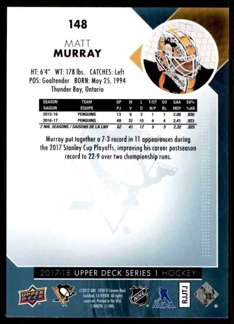 2017-18 Upper Deck #148 Matt Murray 1