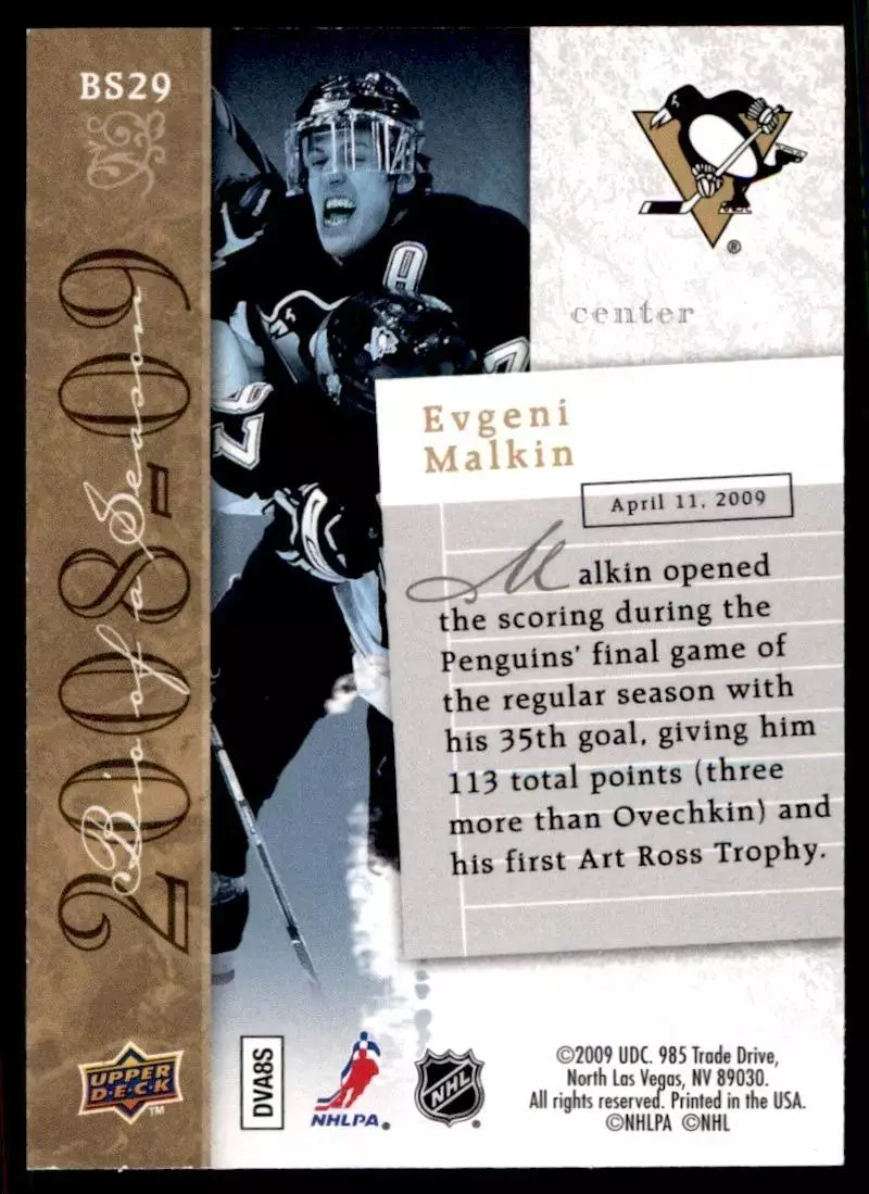 2008-09 Upper Deck Biography of a Season #BS29 Evgeni Malkin 1