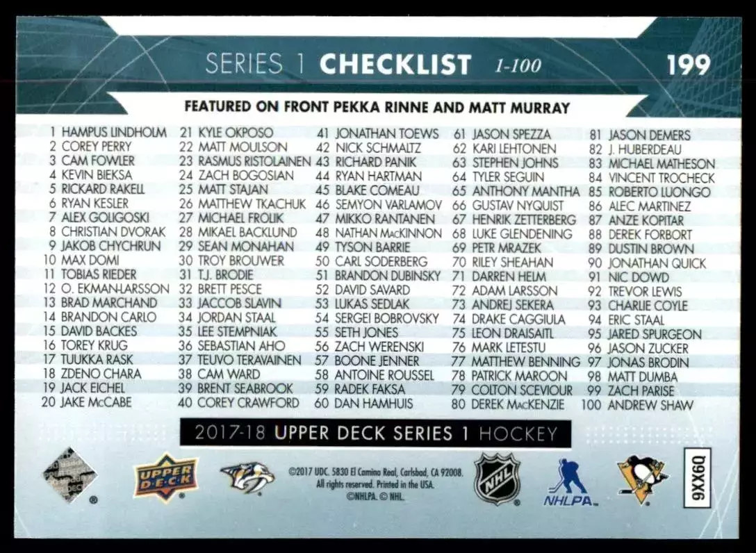 2017-18 Upper Deck #199 Pekka Rinne/Matt Murray 1