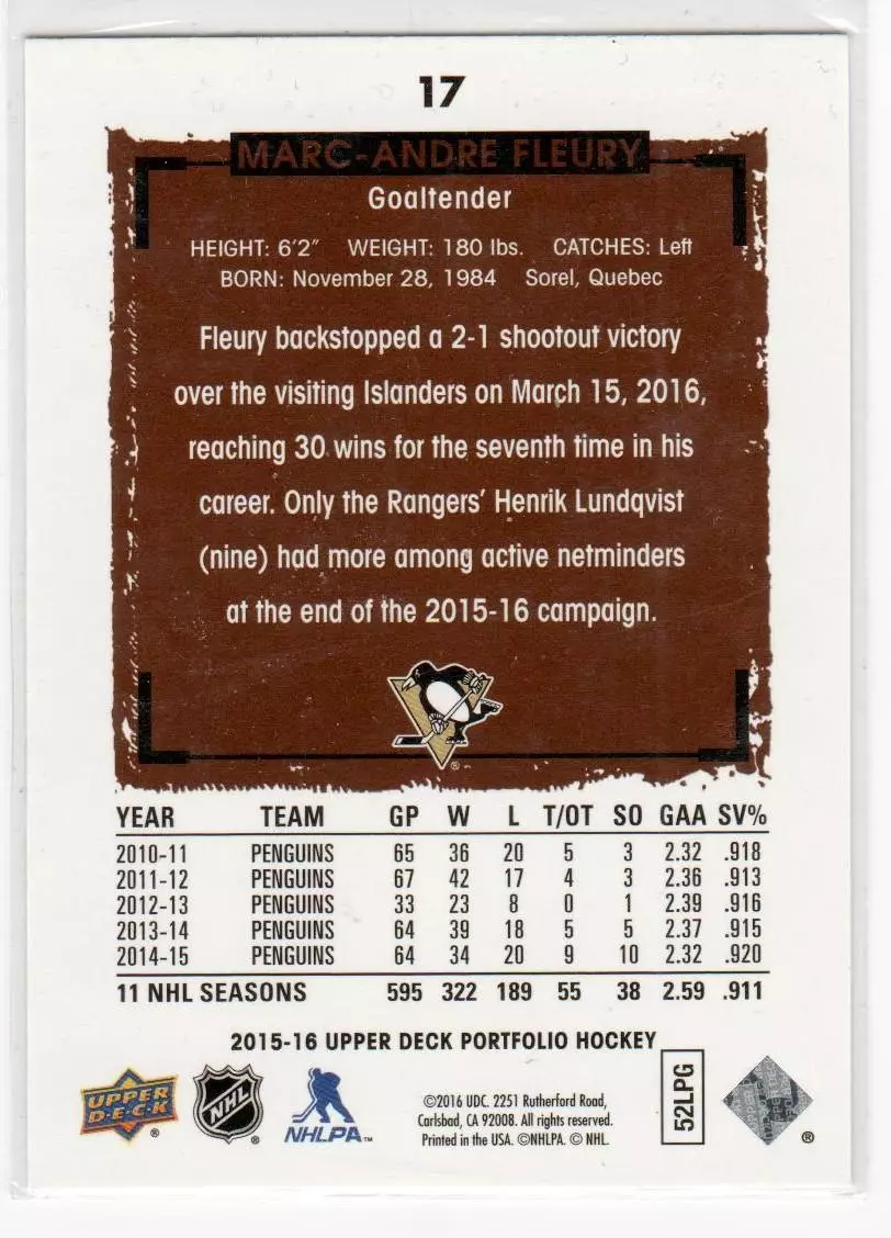 2015-16 Upper Deck Portfolio #17 Marc-Andre Fleury 1