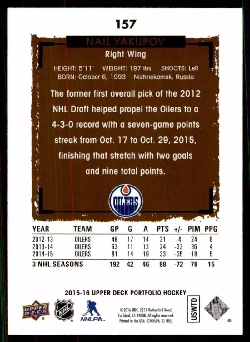 2015-16 Upper Deck Portfolio #157 Nail Yakupov 1