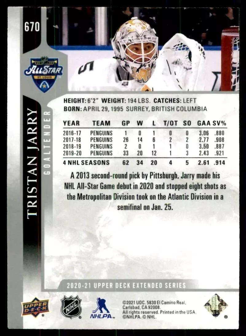 2020-21 Upper Deck #670 Tristan Jarry AS 1