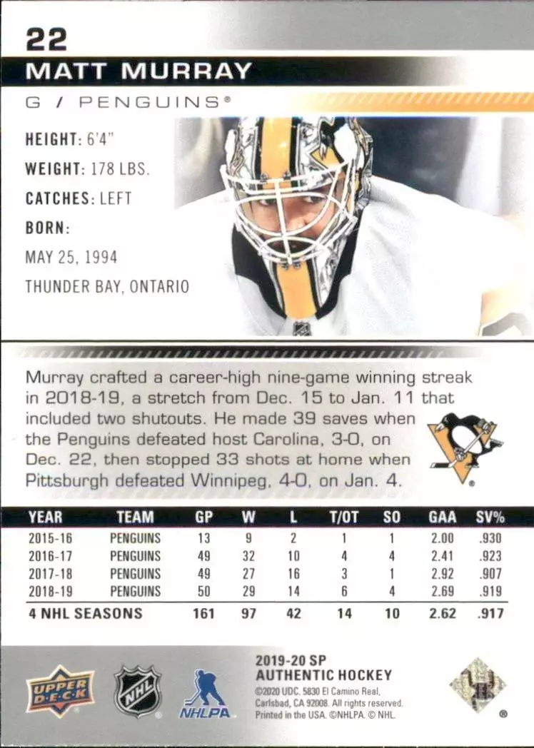 2019-20 SP Authentic #22 Matt Murray 1