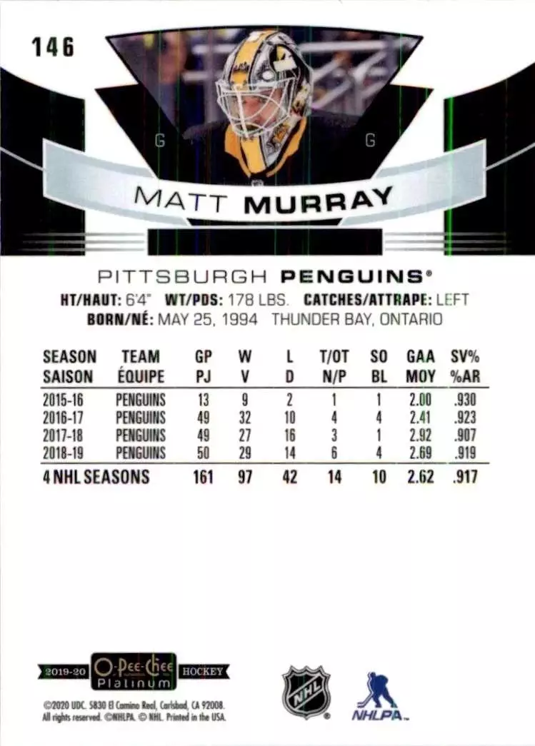 2019-20 O-Pee-Chee Platinum #146 Matt Murray 1