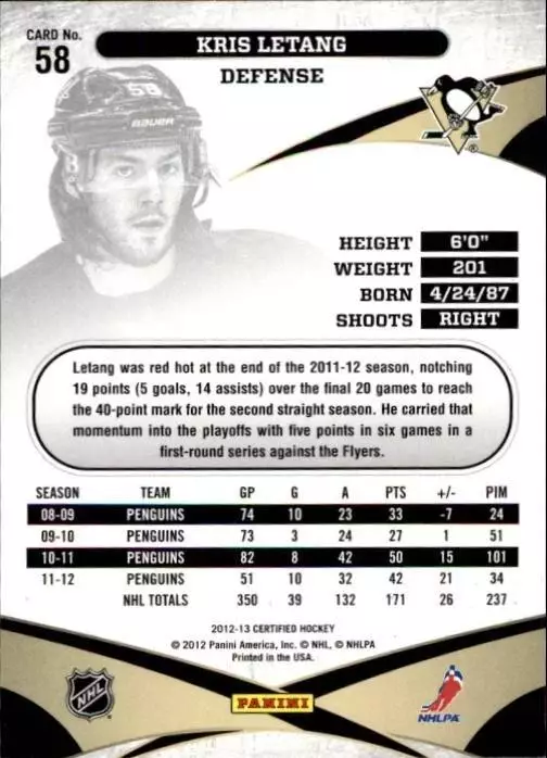 2012-13 Certified #58 Kris Letang 1