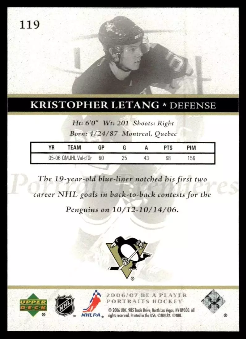 2006-07 Upper Deck Be A Player Portraits Premieres #115 Kristopher Letang RC 1