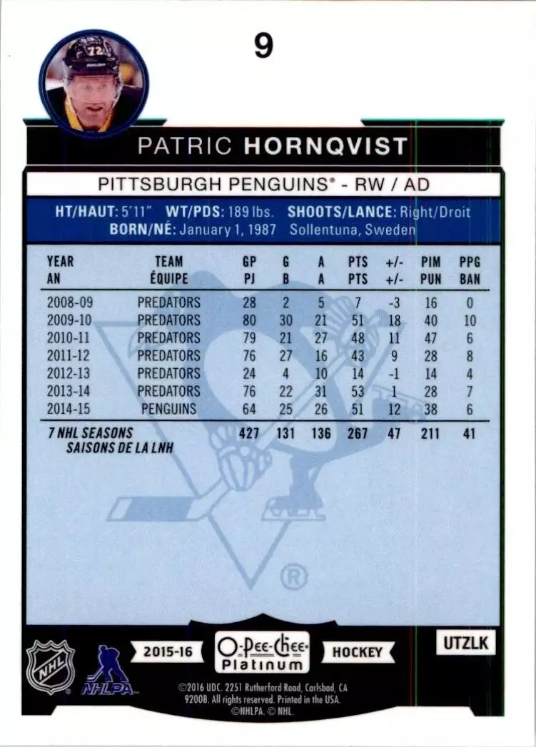 2015-16 O-Pee-Chee Platinum #9 Patric Hornqvist 1