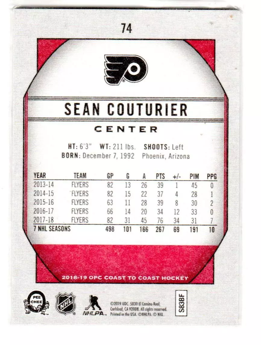 2018-19 O-Pee-Chee Coast to Coast #74 Sean Couturier 1