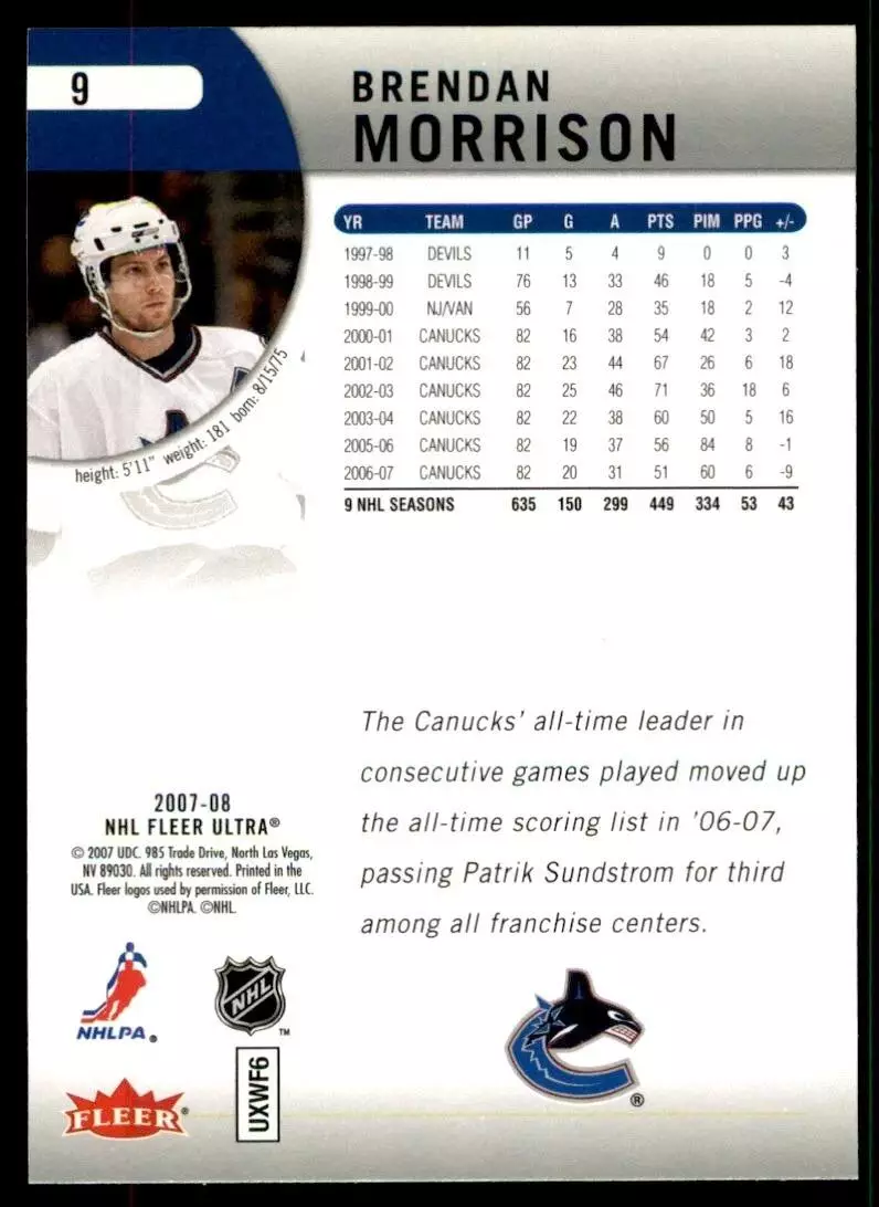 2007-08 Ultra #9 Brendan Morrison 1