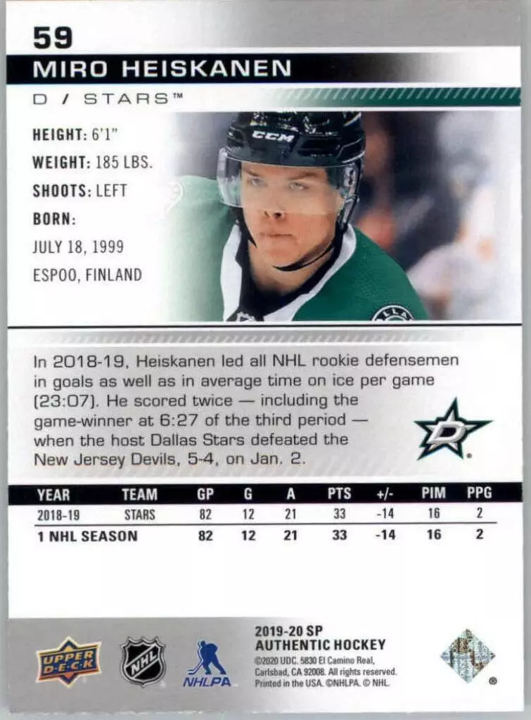2019-20 SP Authentic #59 Miro Heiskanen 1