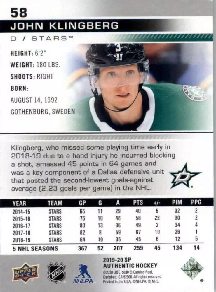 2019-20 SP Authentic #58 John Klingberg 1